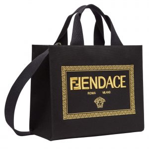 Fendi Small Shopping Bag Fendace Embroidered black canvas Logo shopper